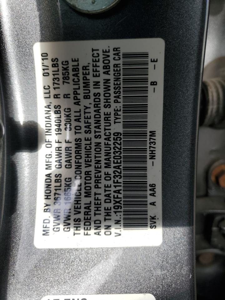 2010 Honda Civic VIN 19XFA1F32AE032259 Copart auction photo, front end / rear end damage thumbnail 14