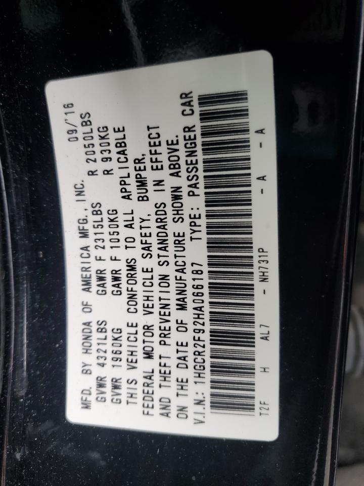 2017 Honda Accord VIN 1HGCR2F92HA066187 Copart auction photo, minor dent/scratches damage thumbnail 12
