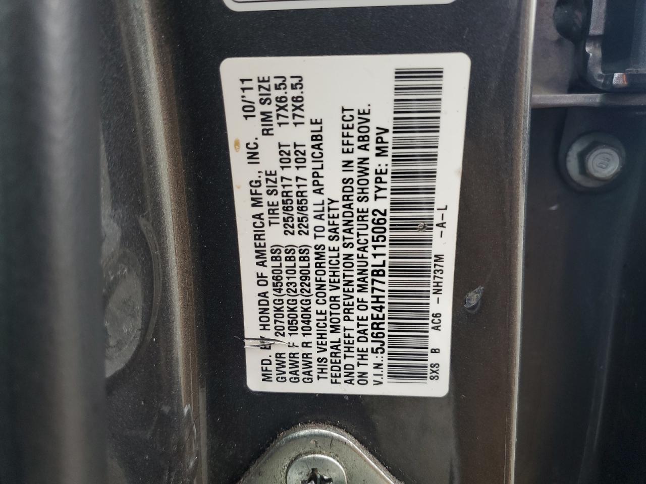 2011 Honda CR-V VIN 5J6RE4H77BL115062 Copart auction photo, front end damage thumbnail 15
