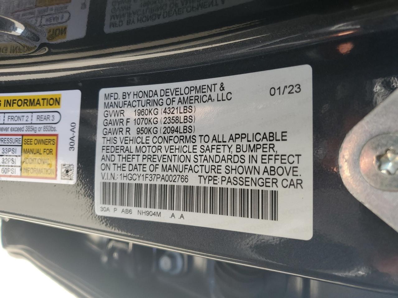 2023 Honda Accord VIN 1HGCY1F37PA002766 Copart auction photo, front end / minor dent/scratches damage thumbnail 12