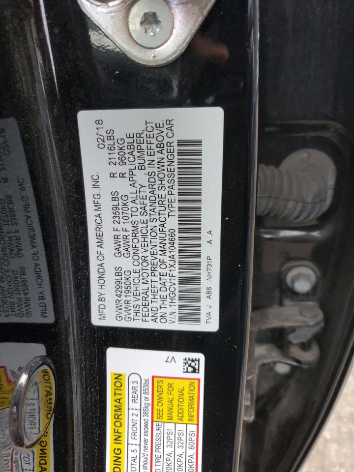 2018 Honda Accord VIN 1HGCV1F1XJA104660 Copart auction photo, minor dent/scratches damage thumbnail 12