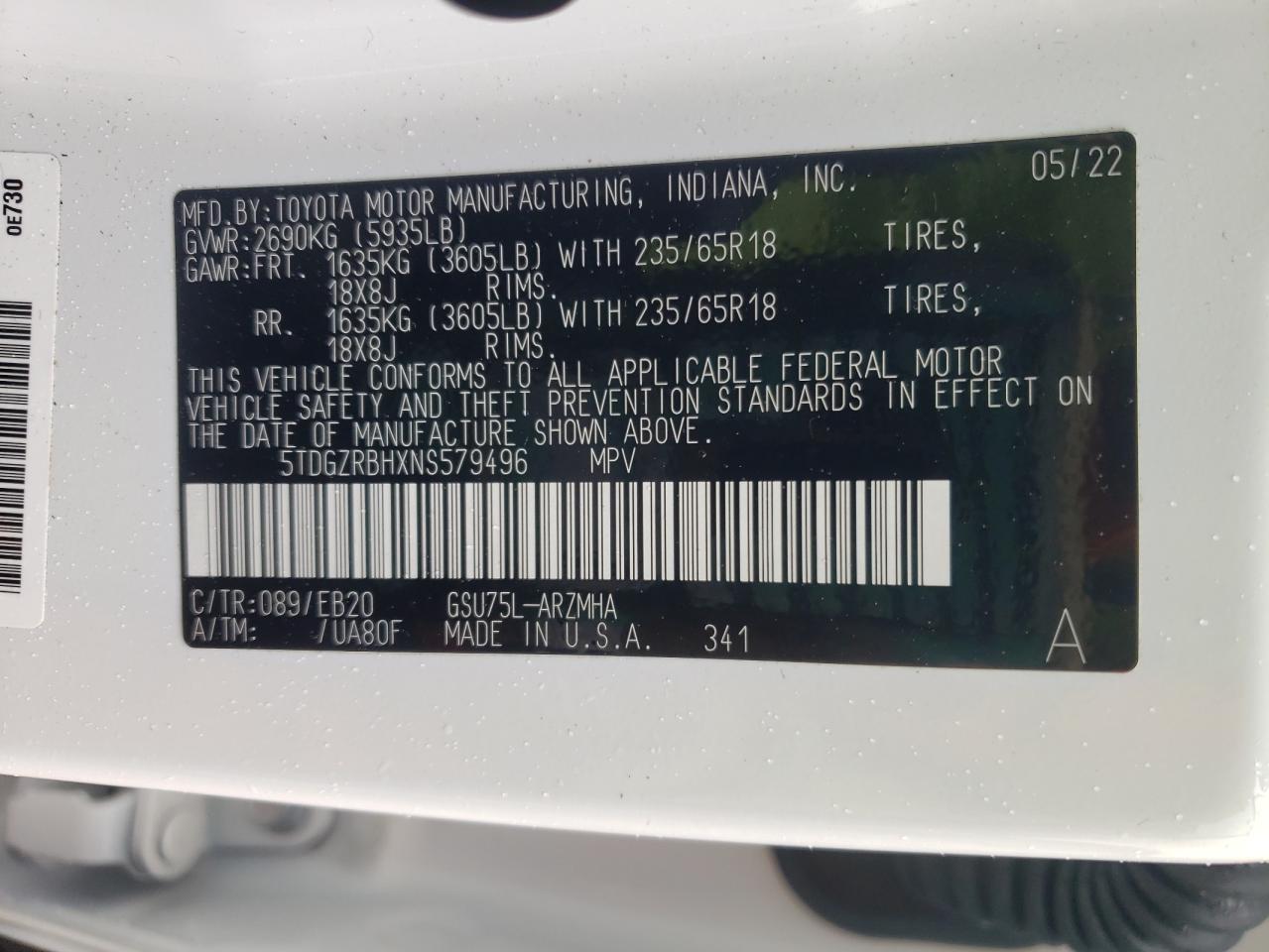 2022 Toyota Highlander VIN 5TDGZRBHXNS579496 Copart auction photo, rear end / side damage thumbnail 13