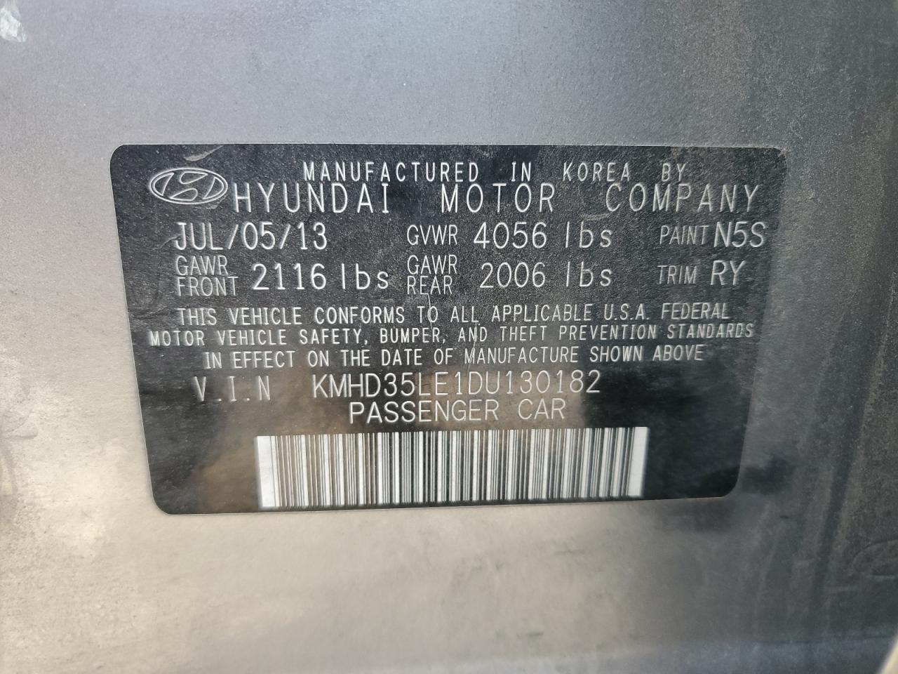 2013 Hyundai Elantra VIN KMHD35LE1DU130182 Copart auction photo, front end damage thumbnail 13