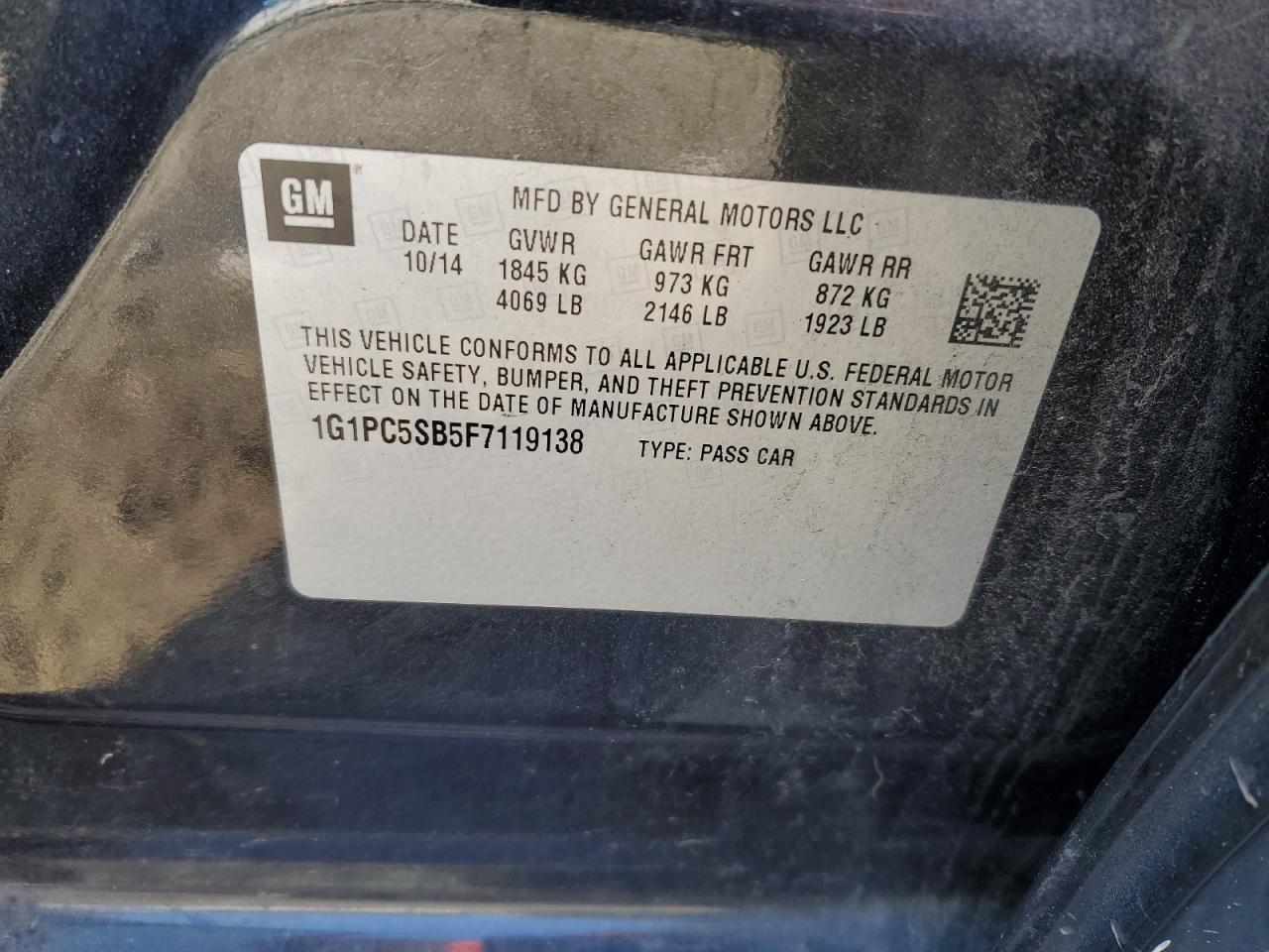 2015 Chevrolet Cruze VIN 1G1PC5SB5F7119138 Copart auction photo, front end / minor dent/scratches damage thumbnail 12