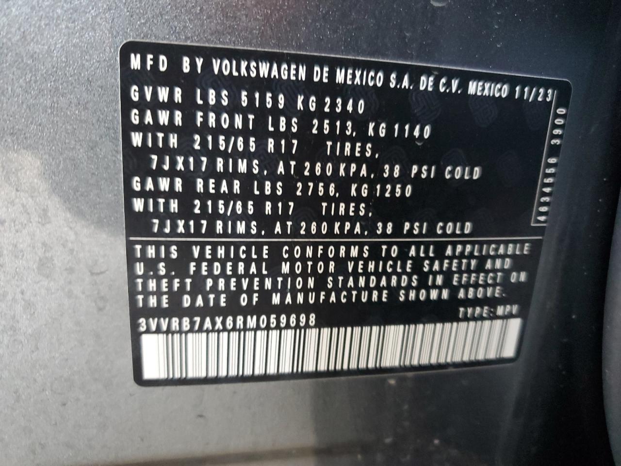 2024 Volkswagen Tiguan VIN 3VVRB7AX6RM059698 Copart auction photo, front end damage thumbnail 13