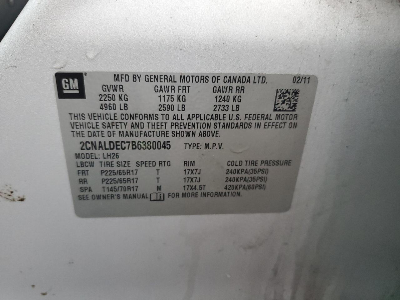 2011 Chevrolet Equinox VIN 2CNALDEC7B6380045 Copart auction photo, undercarriage / minor dent/scratches damage thumbnail 13