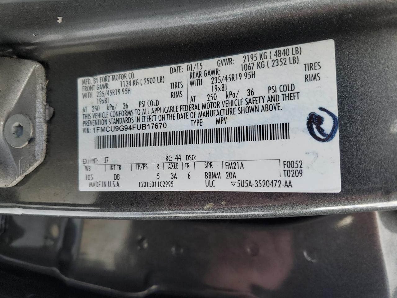 2015 Ford Escape VIN 1FMCU9G94FUB17670 Copart auction photo, burn damage thumbnail 13