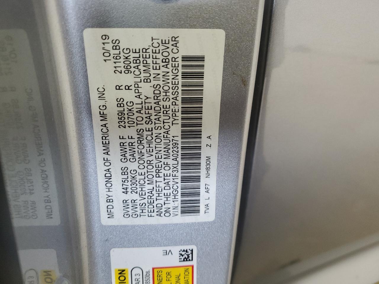 2020 Honda Accord VIN 1HGCV1F3XLA023971 Copart auction photo, front end / side damage thumbnail 13