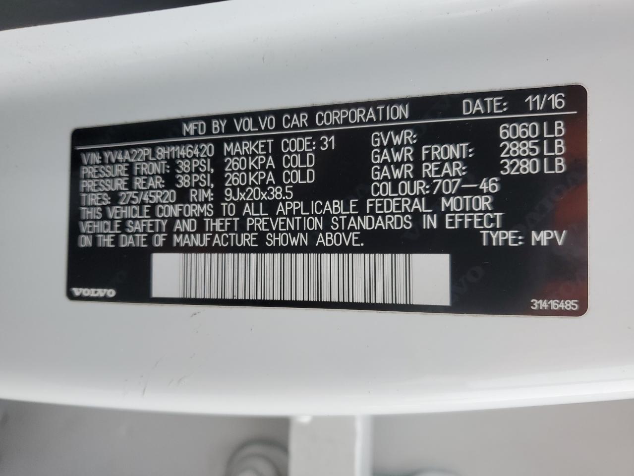 2017 Volvo XC90 VIN YV4A22PL8H1146420 Copart auction photo, rear end / front end damage thumbnail 15