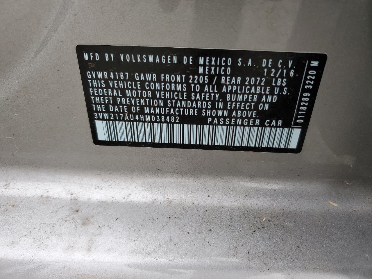 2017 Volkswagen Golf VIN 3VW217AU4HM038482 Copart auction photo, front end damage thumbnail 14