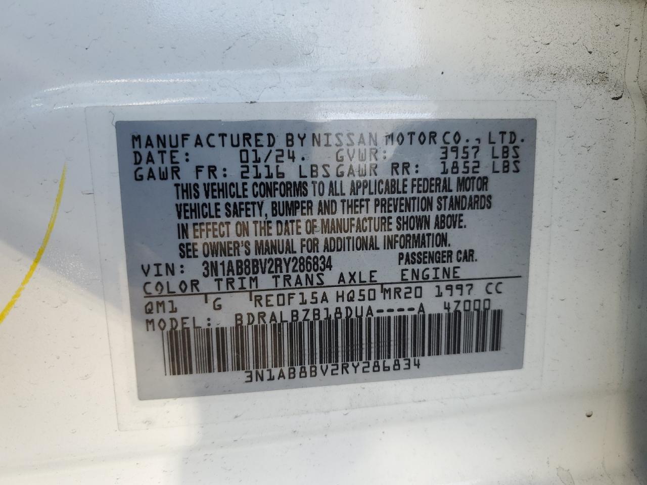 2024 Nissan Sentra VIN 3N1AB8BV2RY286834 Copart auction photo, front end / rear end damage thumbnail 13