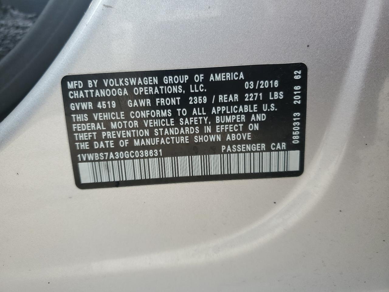 2016 Volkswagen Passat VIN 1VWBS7A30GC038631 Copart auction photo, burn damage thumbnail 12