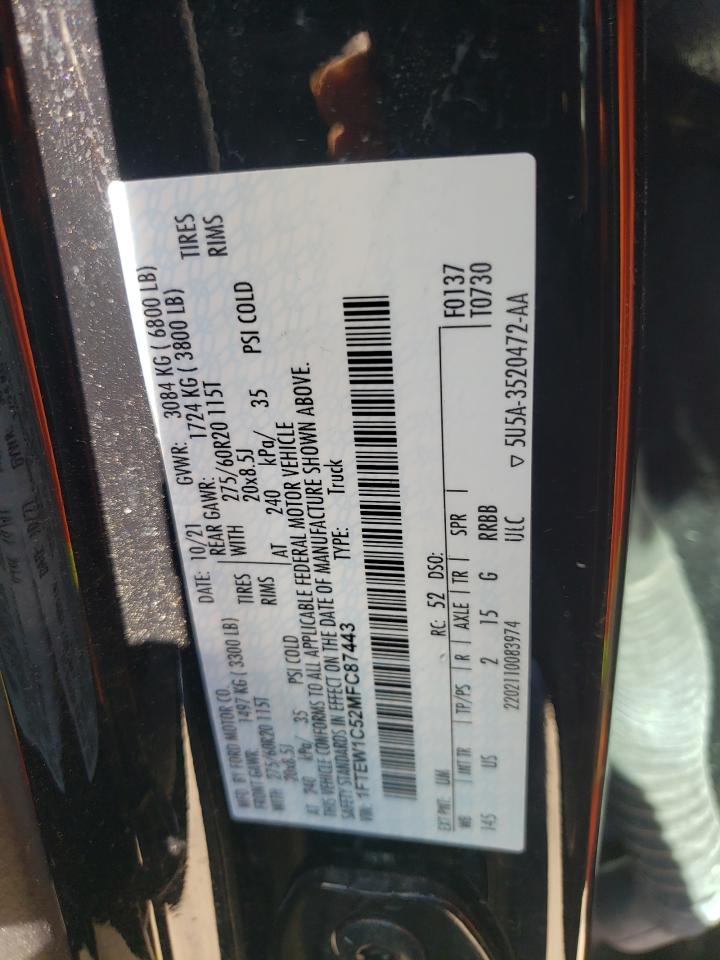 2021 Ford F-150 VIN 1FTEW1C52MFC87443 Copart auction photo, front end damage thumbnail 12