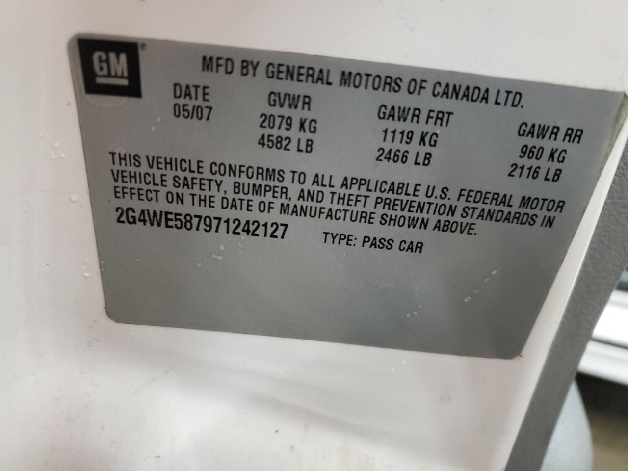 2007 Buick LaCrosse VIN 2G4WE587971242127 Copart auction photo, rollover damage thumbnail 13
