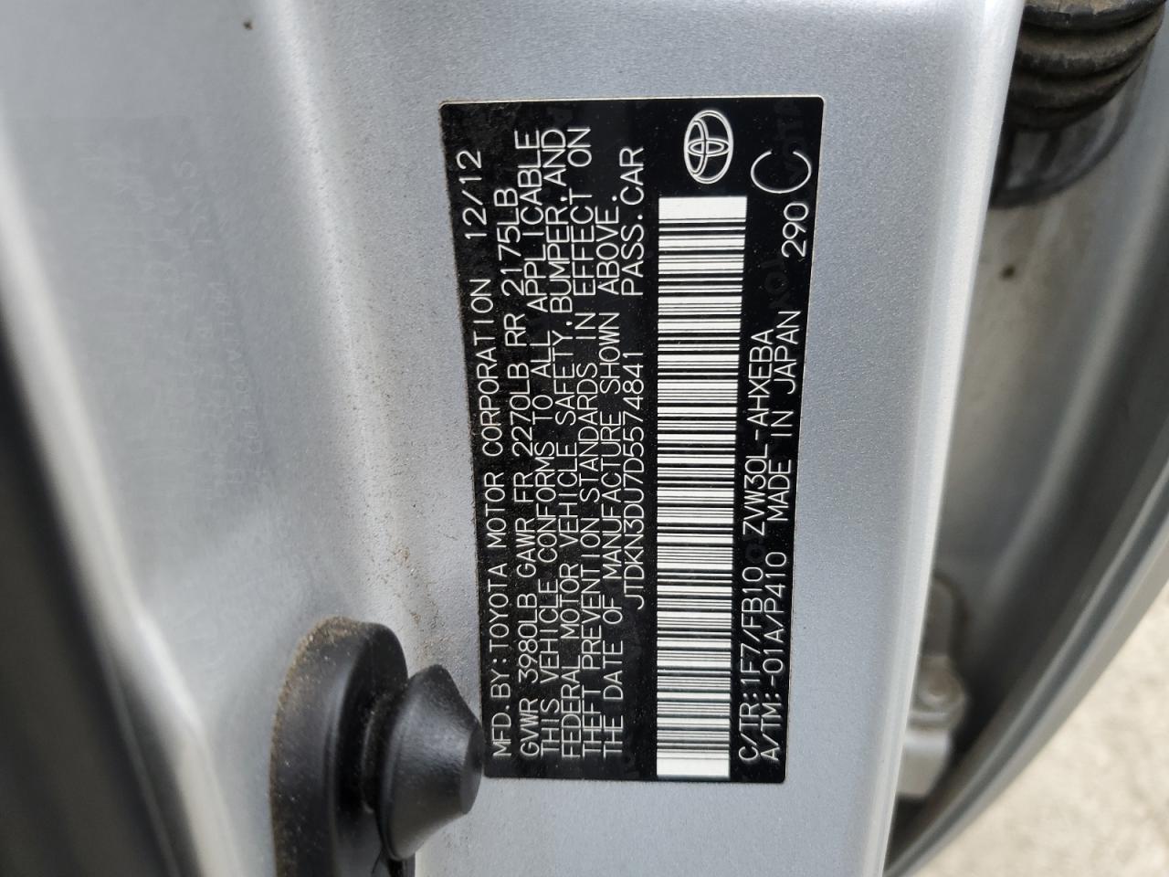 2013 Toyota Prius VIN JTDKN3DU7D5574841 Copart auction photo, front end / side damage thumbnail 12