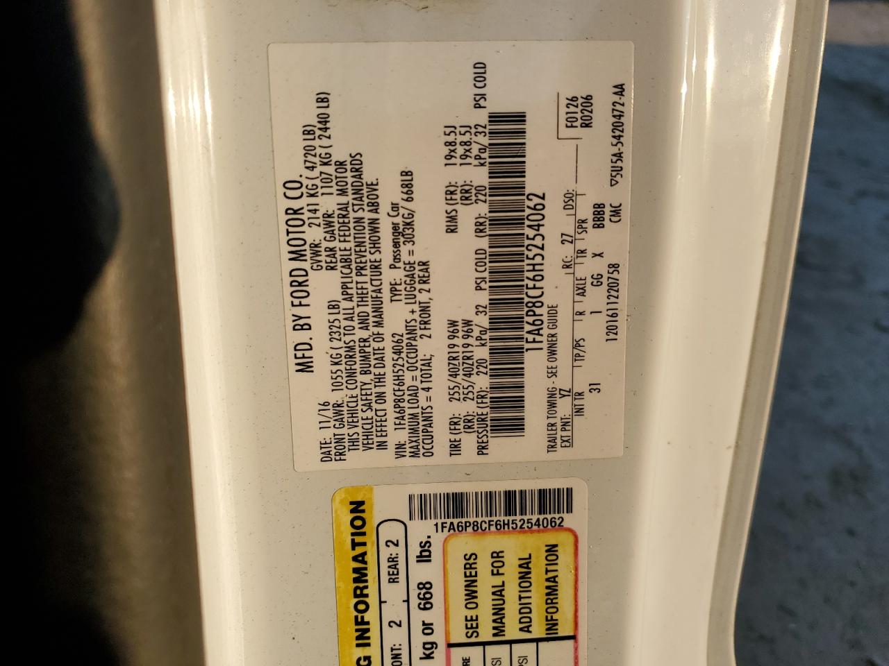 2017 Ford Mustang VIN 1FA6P8CF6H5254062 Copart auction photo, front end damage thumbnail 14