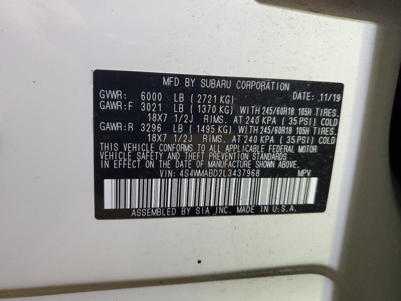 2020 Subaru Ascent VIN 4S4WMABD2L3437968 Copart auction photo, all over damage thumbnail 13