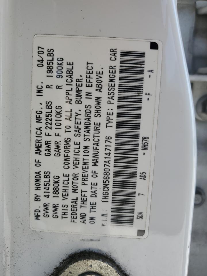 2007 Honda Accord VIN 1HGCM56807A147176 Copart auction photo, front end / side damage thumbnail 12