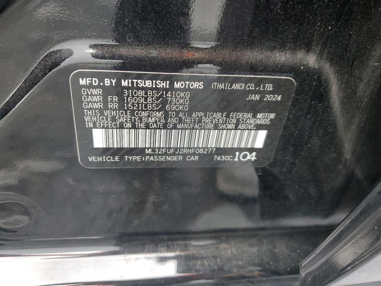 2024 Mitsubishi Mirage VIN ML32FUFJ2RHF08277 Copart auction photo, front end damage thumbnail 13