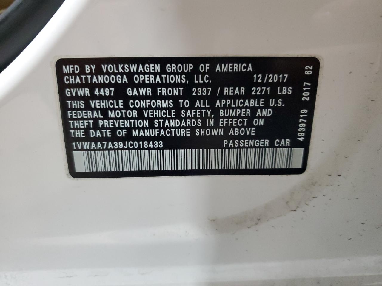 2018 Volkswagen Passat VIN 1VWAA7A39JC018433 Copart auction photo, front end damage thumbnail 12