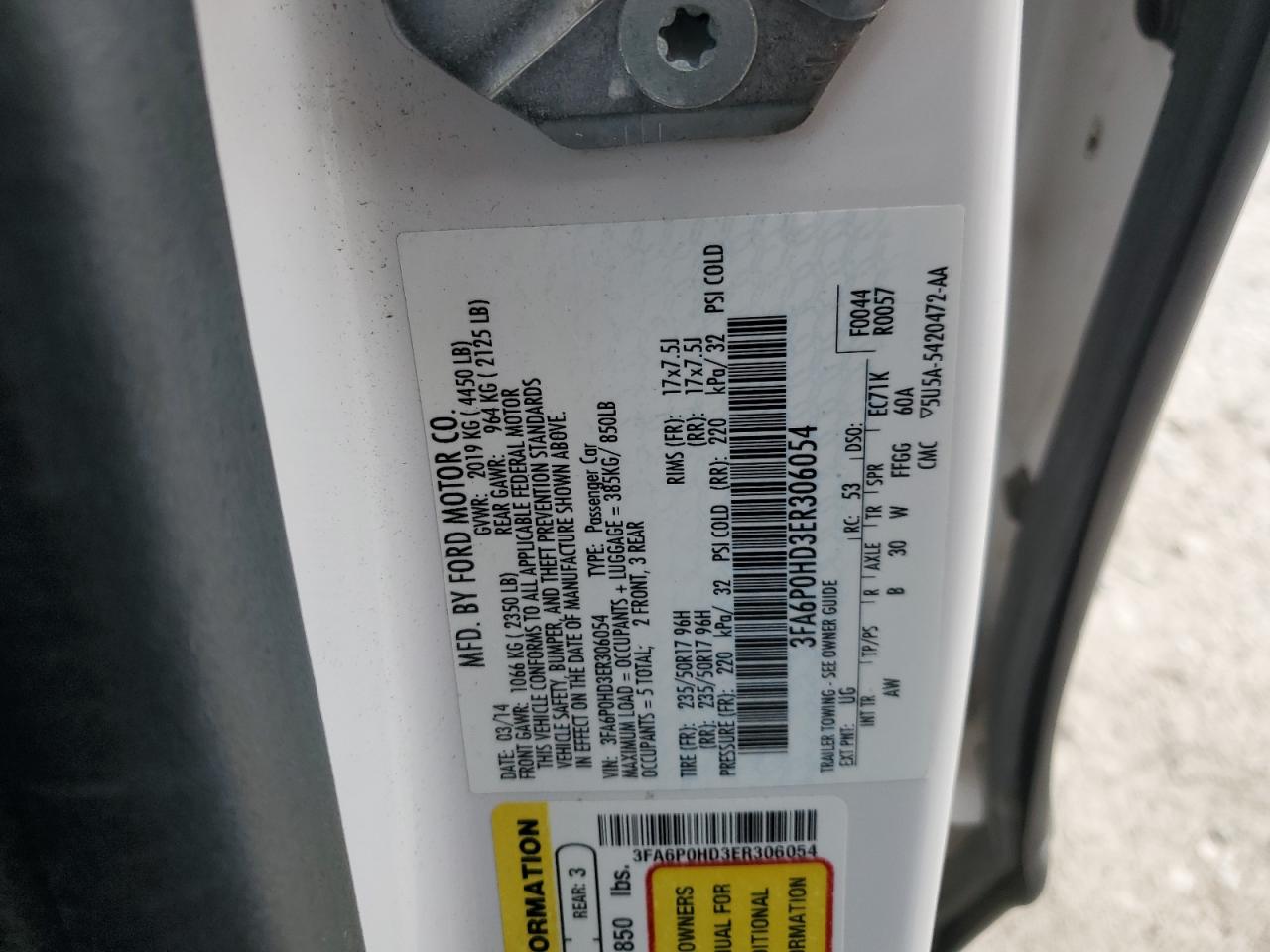 2014 Ford Fusion VIN 3FA6P0HD3ER306054 Copart auction photo, front end / side damage thumbnail 14