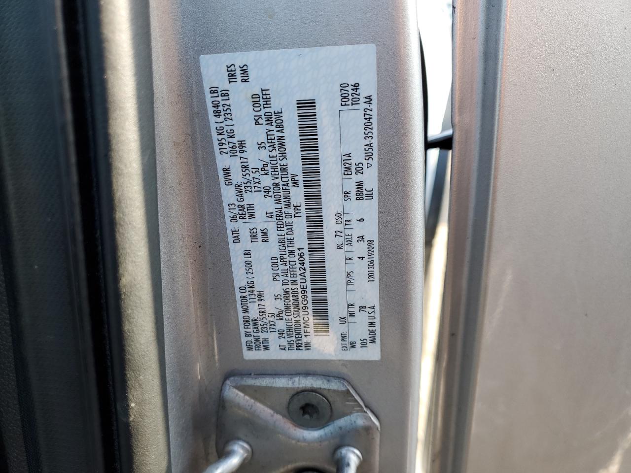 2014 Ford Escape VIN 1FMCU9G99EUA24061 Copart auction photo, front end damage thumbnail 13