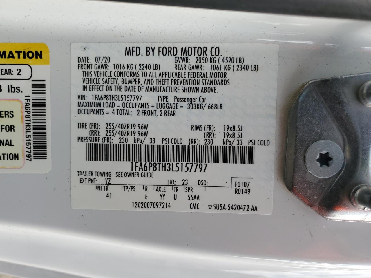 2020 Ford Mustang VIN 1FA6P8TH3L5157797 Copart auction photo, front end damage thumbnail 15