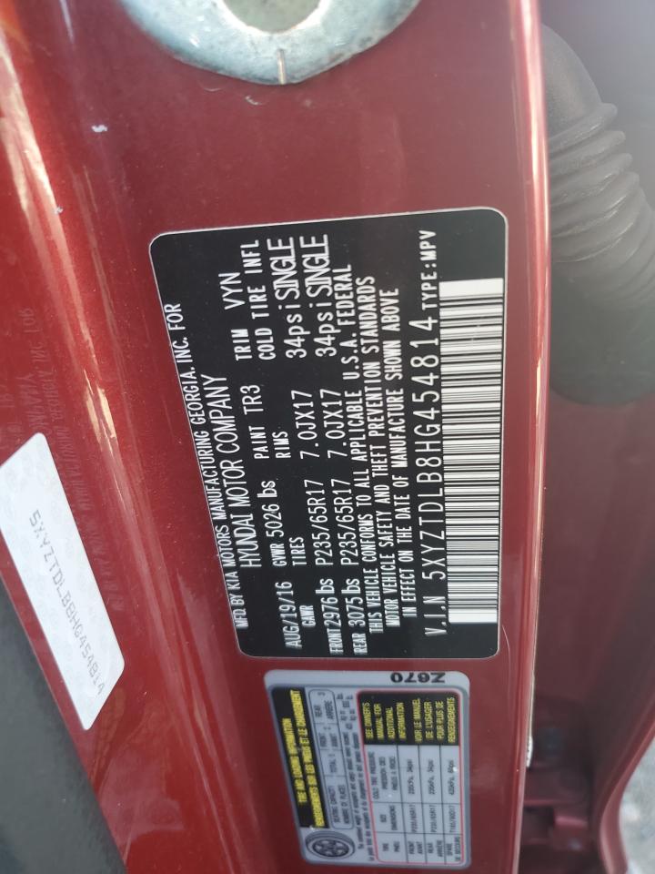 2017 Hyundai Santa Fe VIN 5XYZTDLB8HG454814 Copart auction photo, front end damage thumbnail 13