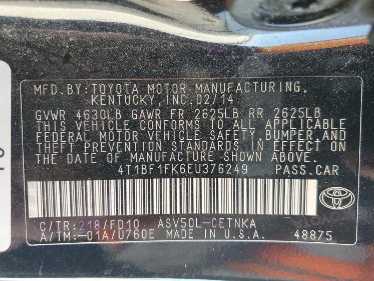 2014 Toyota Camry VIN 4T1BF1FK6EU376249 Copart auction photo, rear end damage thumbnail 12