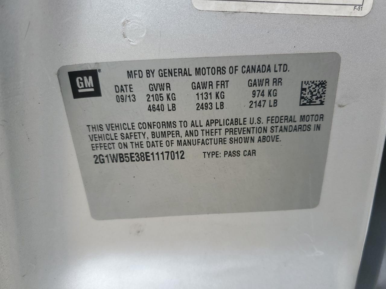 2014 Chevrolet Impala VIN 2G1WB5E38E1117012 Copart auction photo, front end / side damage thumbnail 13