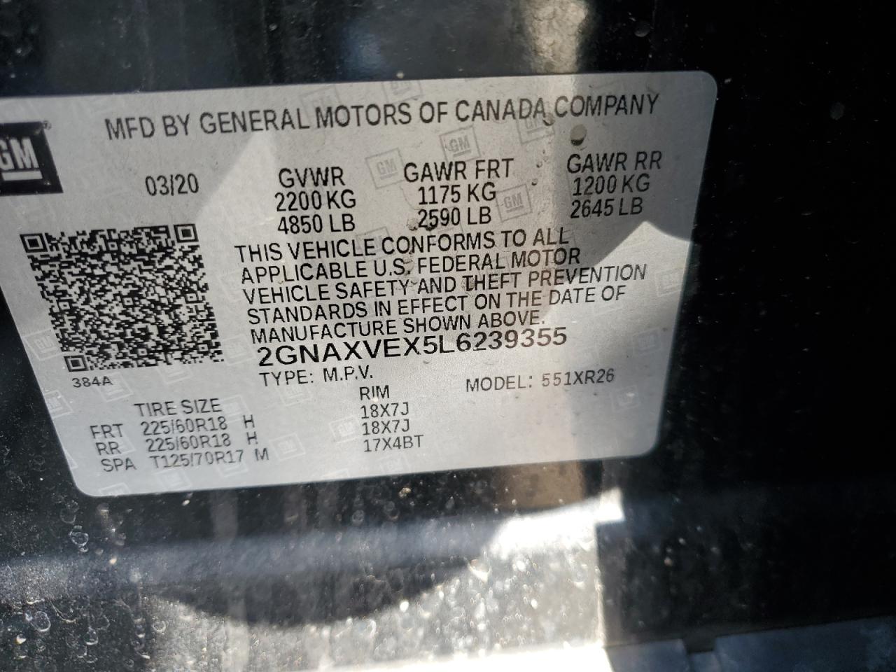 2020 Chevrolet Equinox VIN 2GNAXVEX5L6239355 Copart auction photo, front end / minor dent/scratches damage thumbnail 13