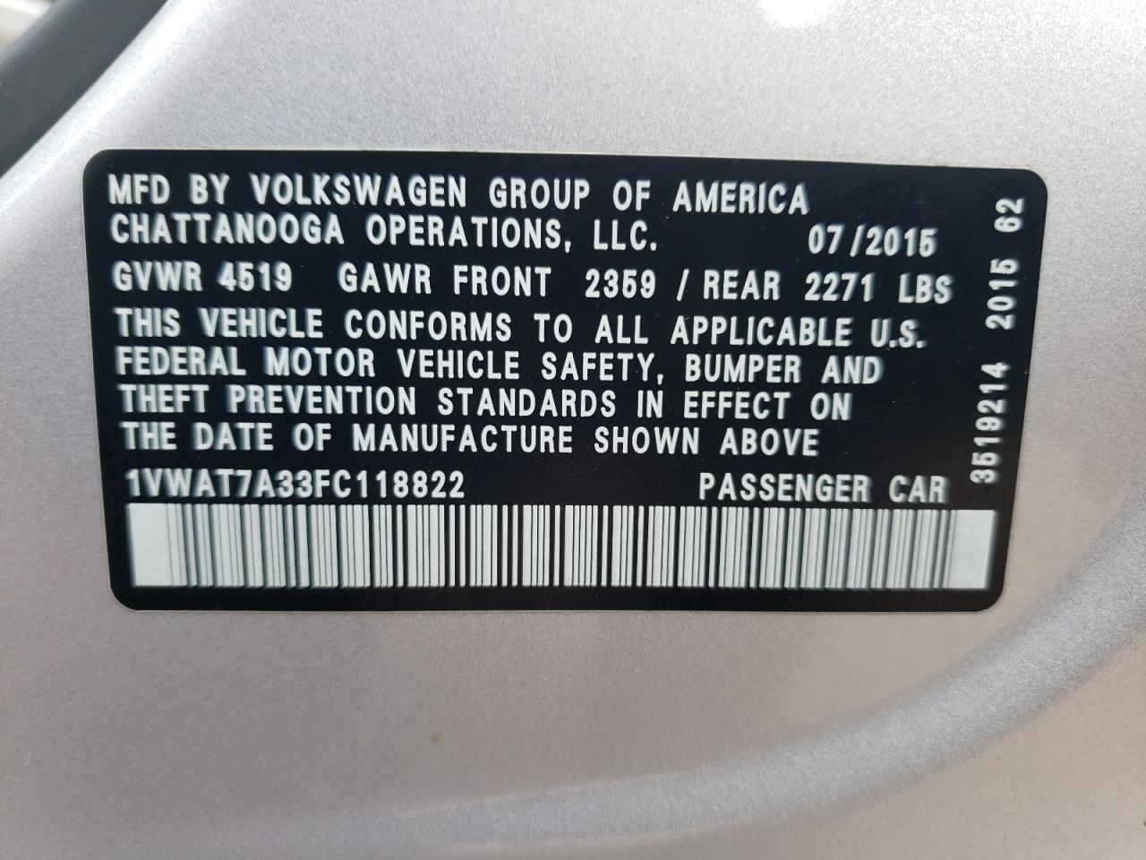 2015 Volkswagen Passat VIN 1VWAT7A33FC118822 Copart auction photo, front end damage thumbnail 14