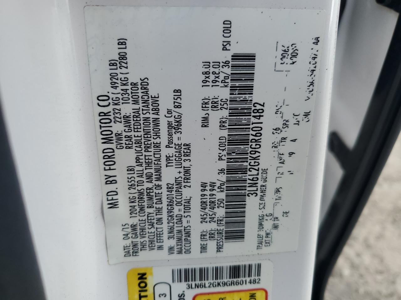 2016 Lincoln MKZ VIN 3LN6L2GK9GR601482 Copart auction photo, front end / rear end damage thumbnail 12