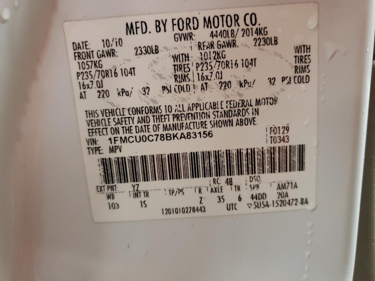 2011 Ford Escape VIN 1FMCU0C78BKA83156 Copart auction photo, rear end / side damage thumbnail 12