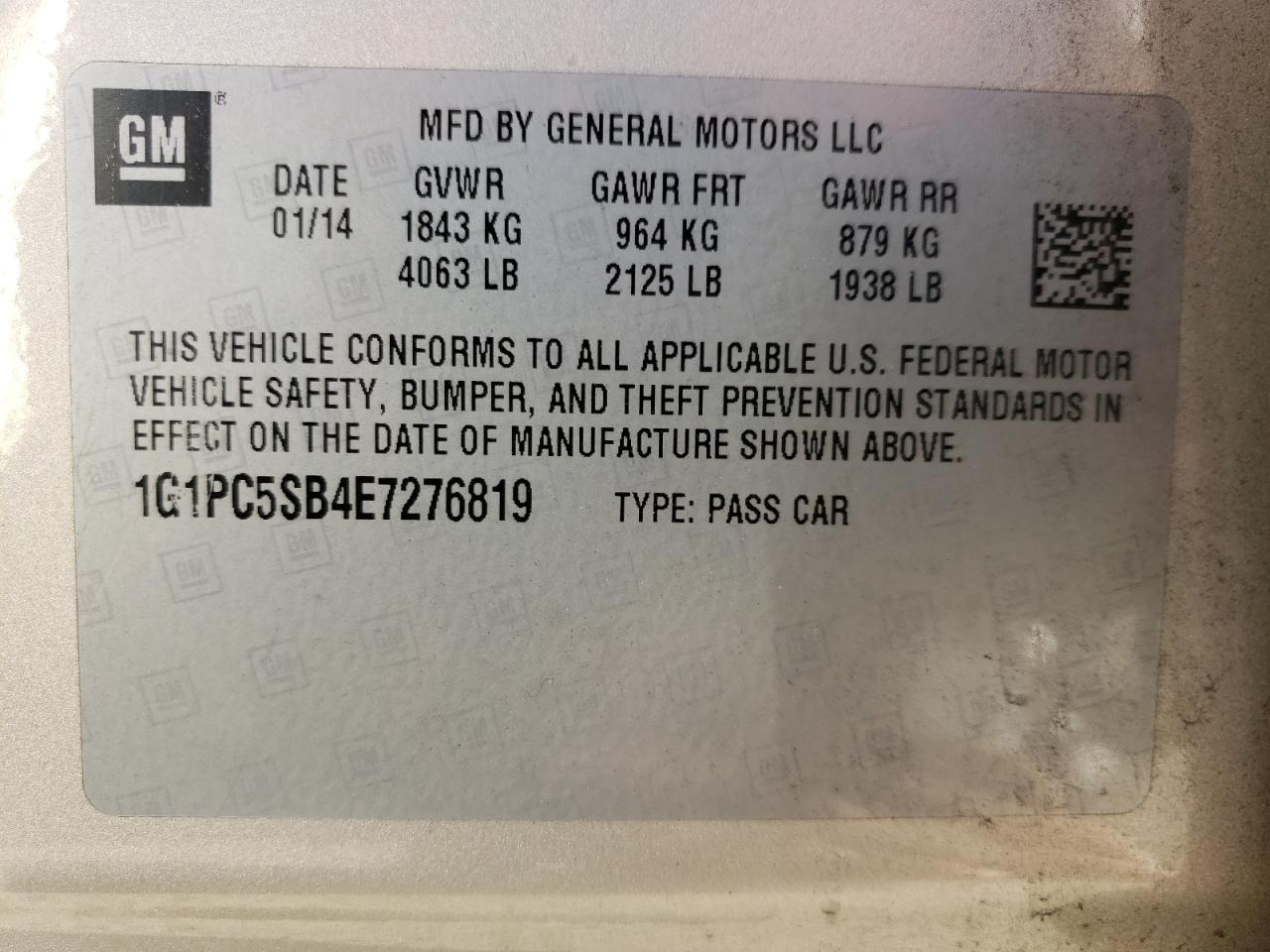2014 Chevrolet Cruze VIN 1G1PC5SB4E7276819 Copart auction photo, front end / rear end damage thumbnail 12