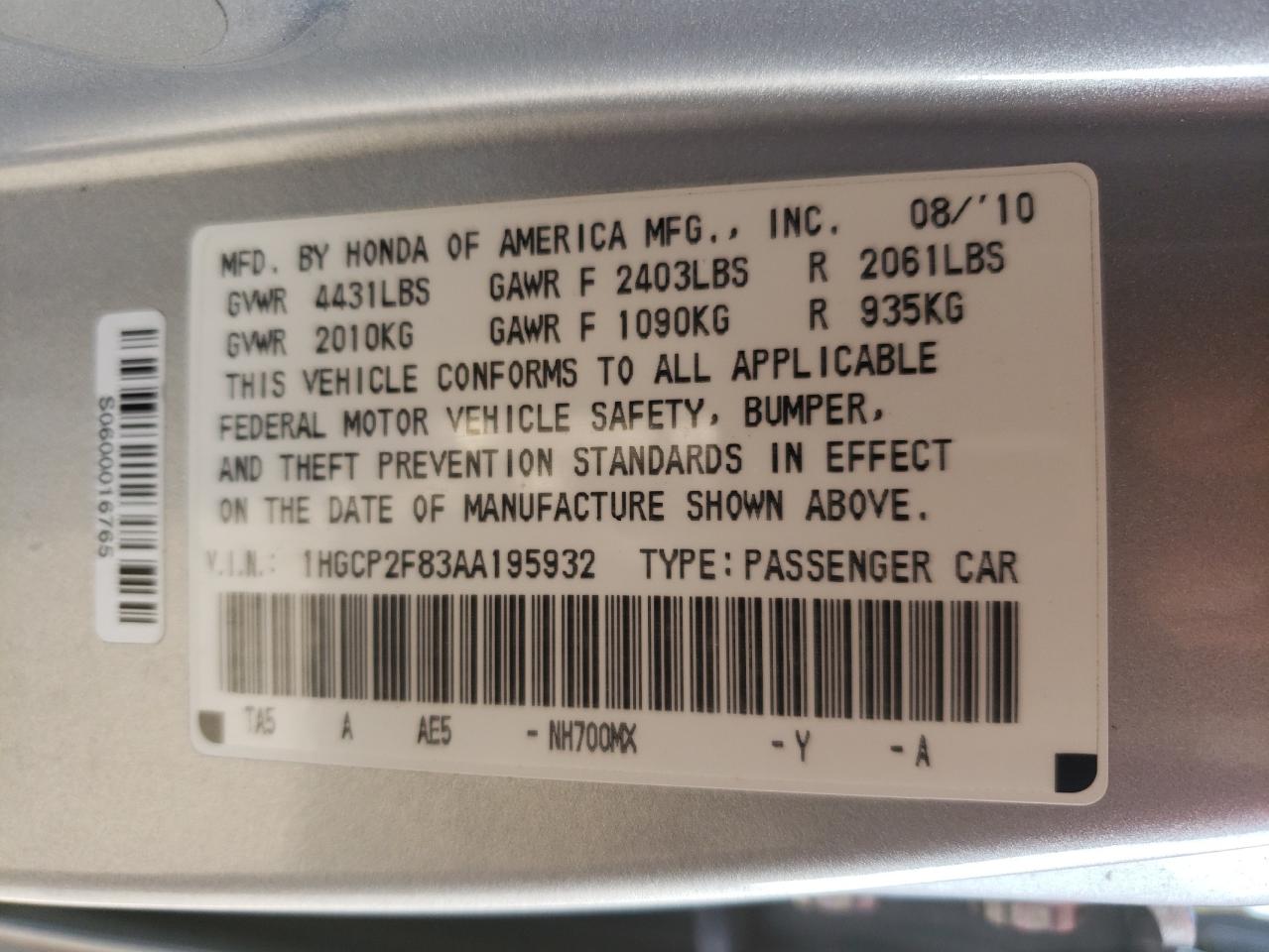 2010 Honda Accord VIN 1HGCP2F83AA195932 Copart auction photo, front end / undercarriage damage thumbnail 12