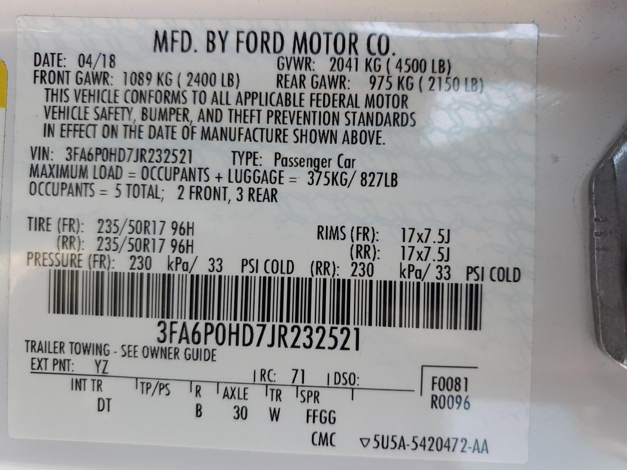2018 Ford Fusion VIN 3FA6P0HD7JR232521 Copart auction photo, front end damage thumbnail 14