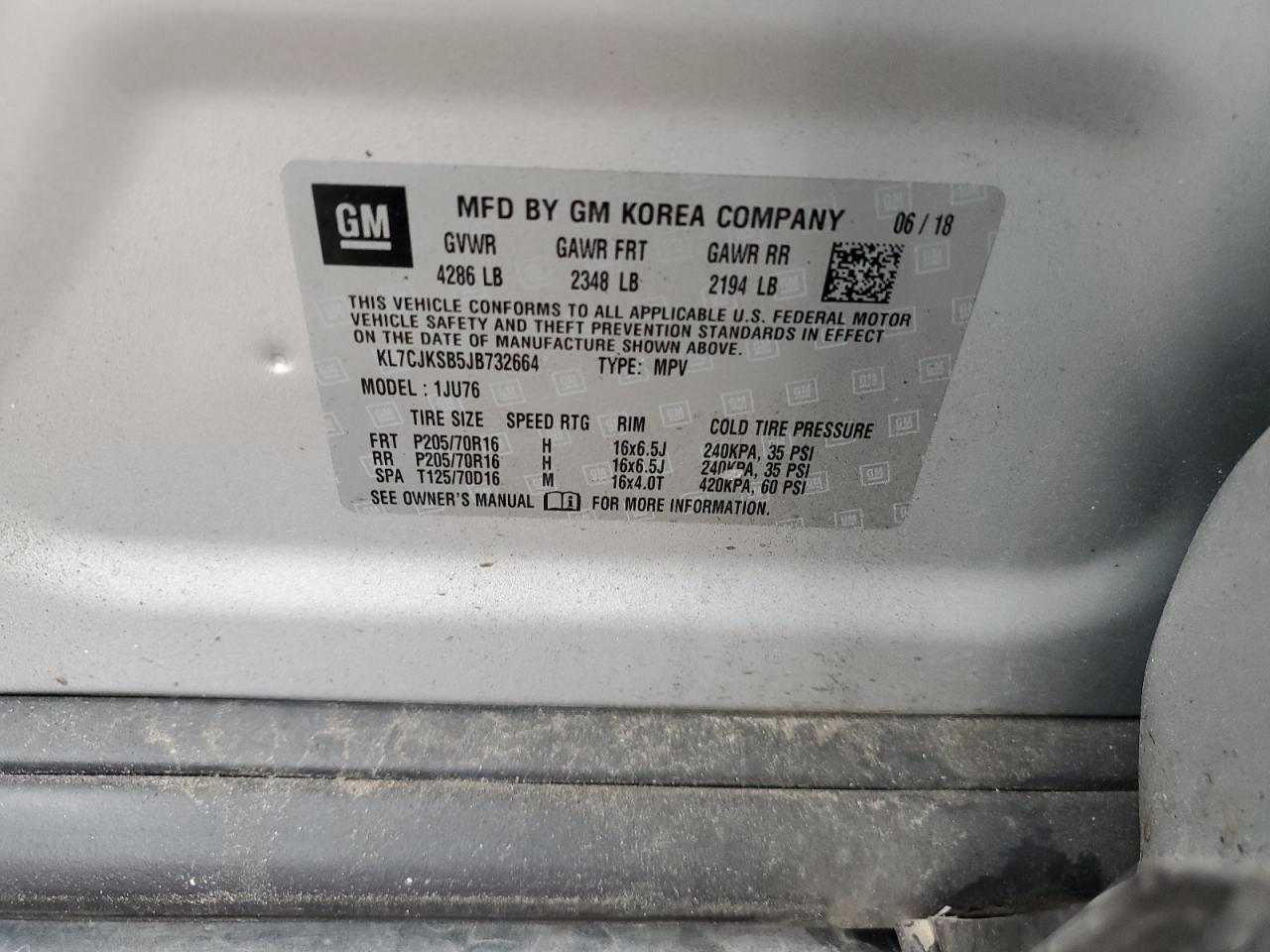 2018 Chevrolet Trax VIN KL7CJKSB5JB732664 Copart auction photo, side damage thumbnail 15