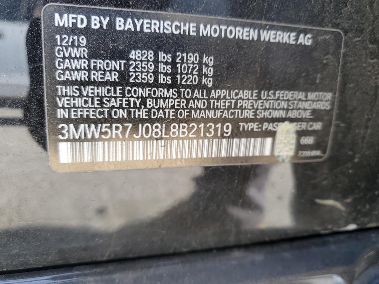 2020 BMW 3er VIN 3MW5R7J08L8B21319 Copart auction photo, front end damage thumbnail 12