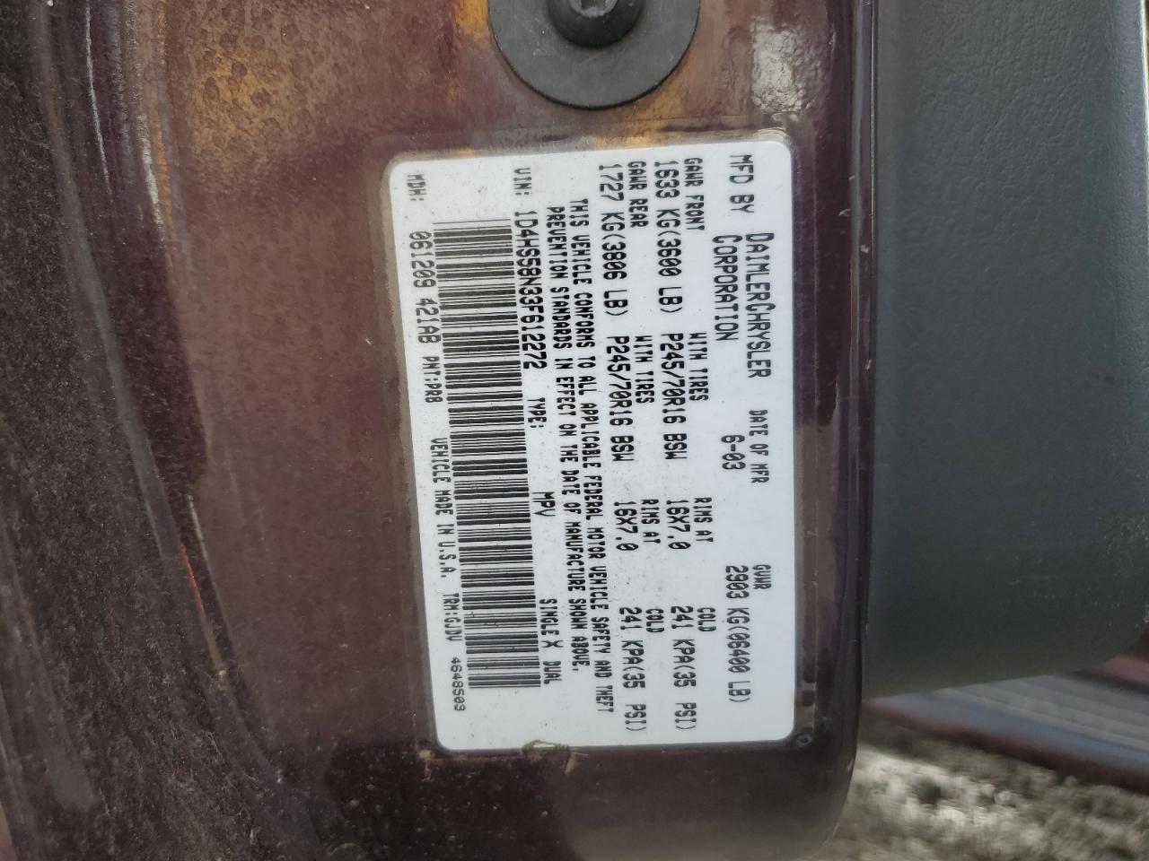 2003 Dodge Durango VIN 1D4HS58N33F612272 Copart auction photo, side damage thumbnail 13