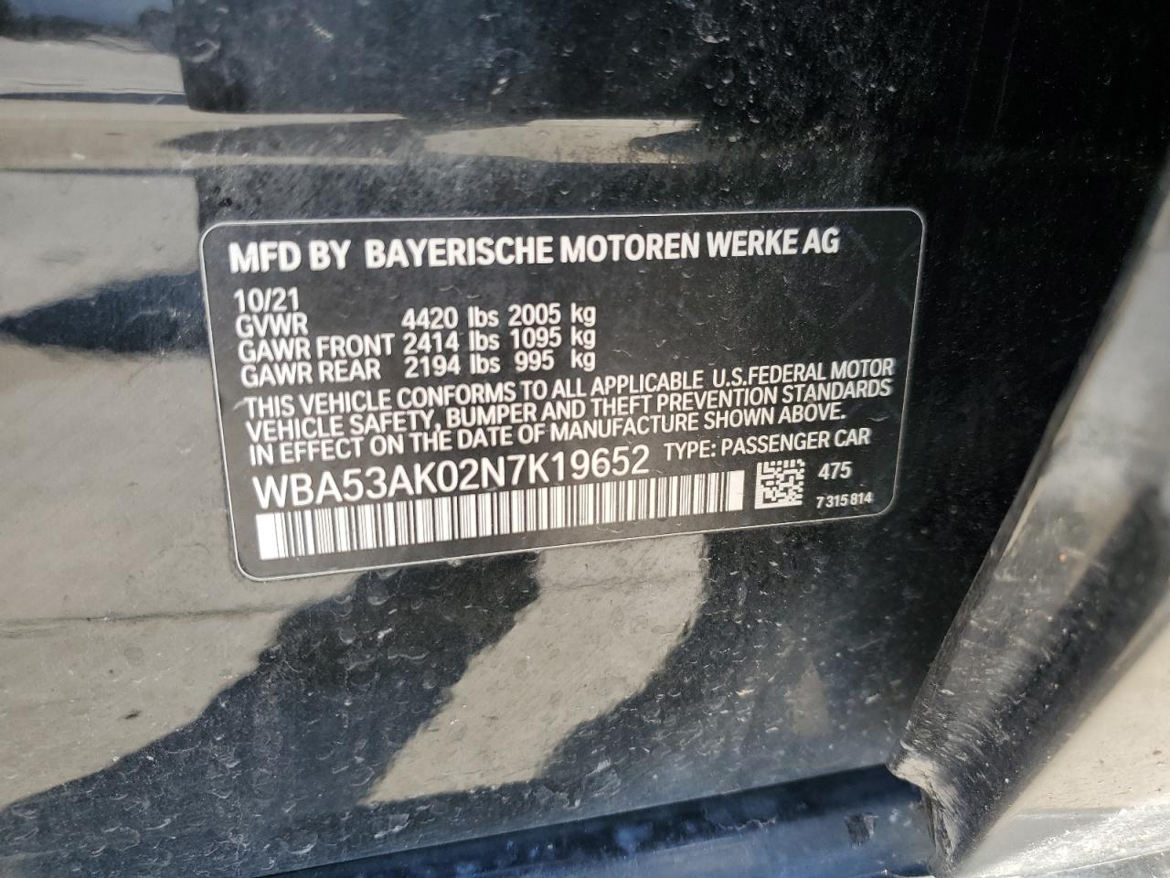 2022 BMW 2er VIN WBA53AK02N7K19652 Copart auction photo, front end / hail damage thumbnail 12