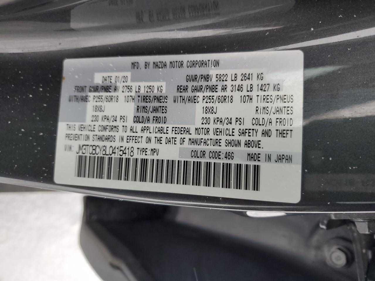 2020 Mazda CX-9 VIN JM3TCBCY8L0415418 Copart auction photo, hail damage thumbnail 13