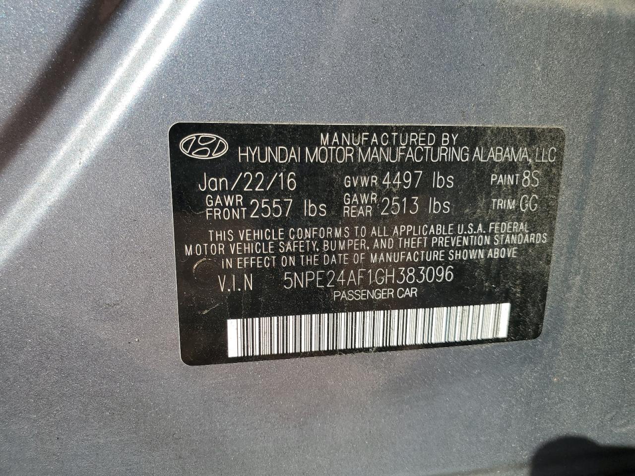 2016 Hyundai Sonata VIN 5NPE24AF1GH383096 Copart auction photo, front end / undercarriage damage thumbnail 14