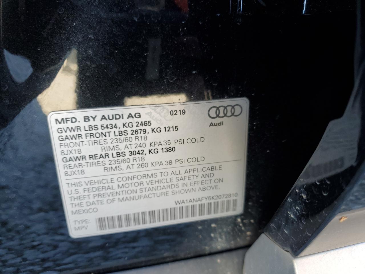 2019 Audi Q5 VIN WA1ANAFY5K2072810 Copart auction photo, rear end damage thumbnail 14