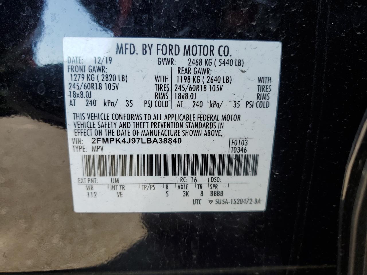 2020 Ford Edge VIN 2FMPK4J97LBA38840 Copart auction photo, front end / minor dent/scratches damage thumbnail 15