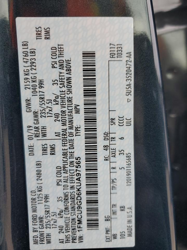 2019 Ford Escape VIN 1FMCU9GD6KUA97565 Copart auction photo, rear end damage thumbnail 13