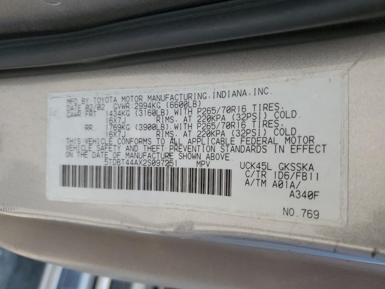 2002 Toyota Sequoia VIN 5TDBT44AX2S097251 Copart auction photo, side damage thumbnail 13