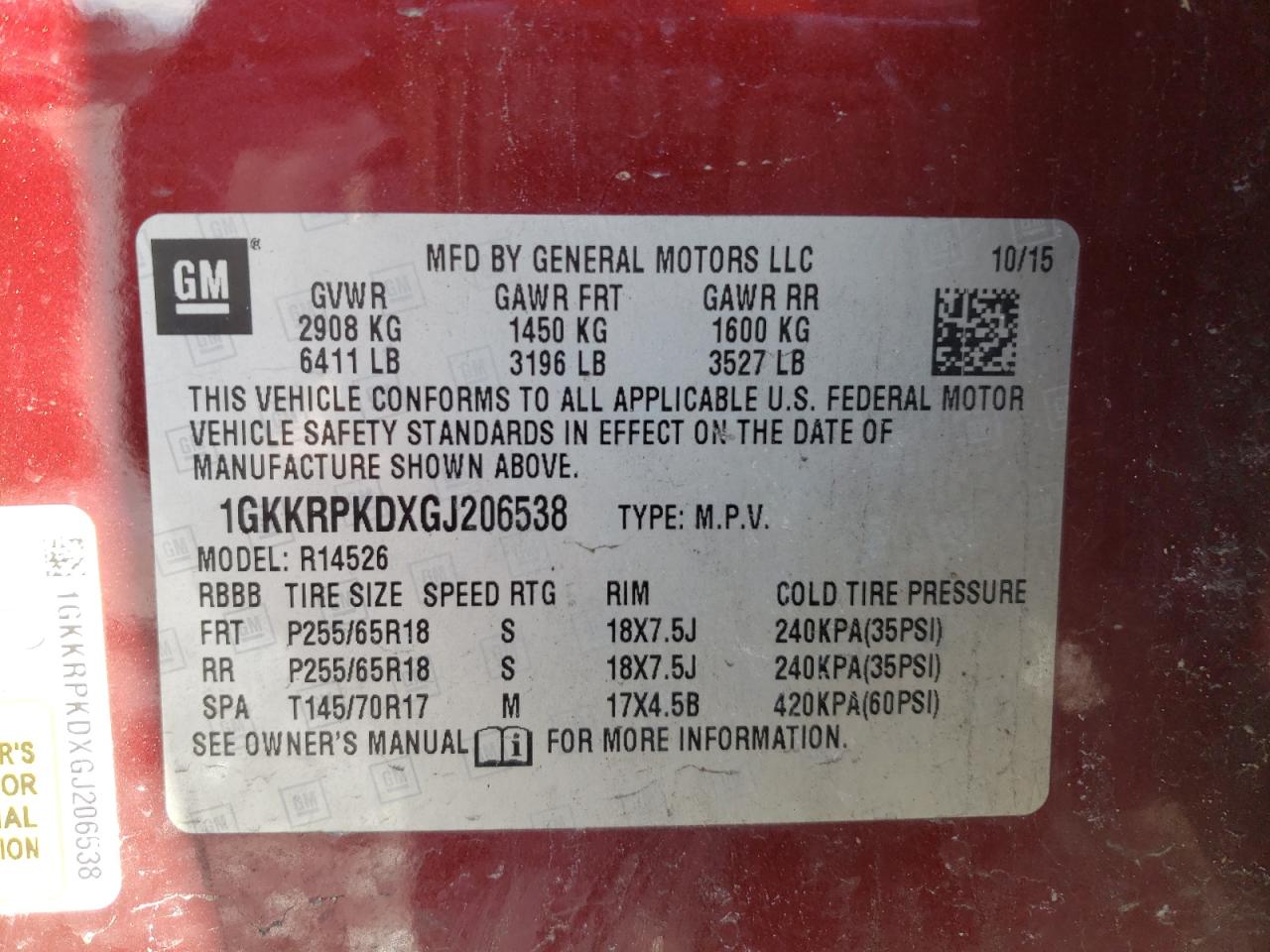 2016 GMC Acadia VIN 1GKKRPKDXGJ206538 Copart auction photo, front end damage thumbnail 15