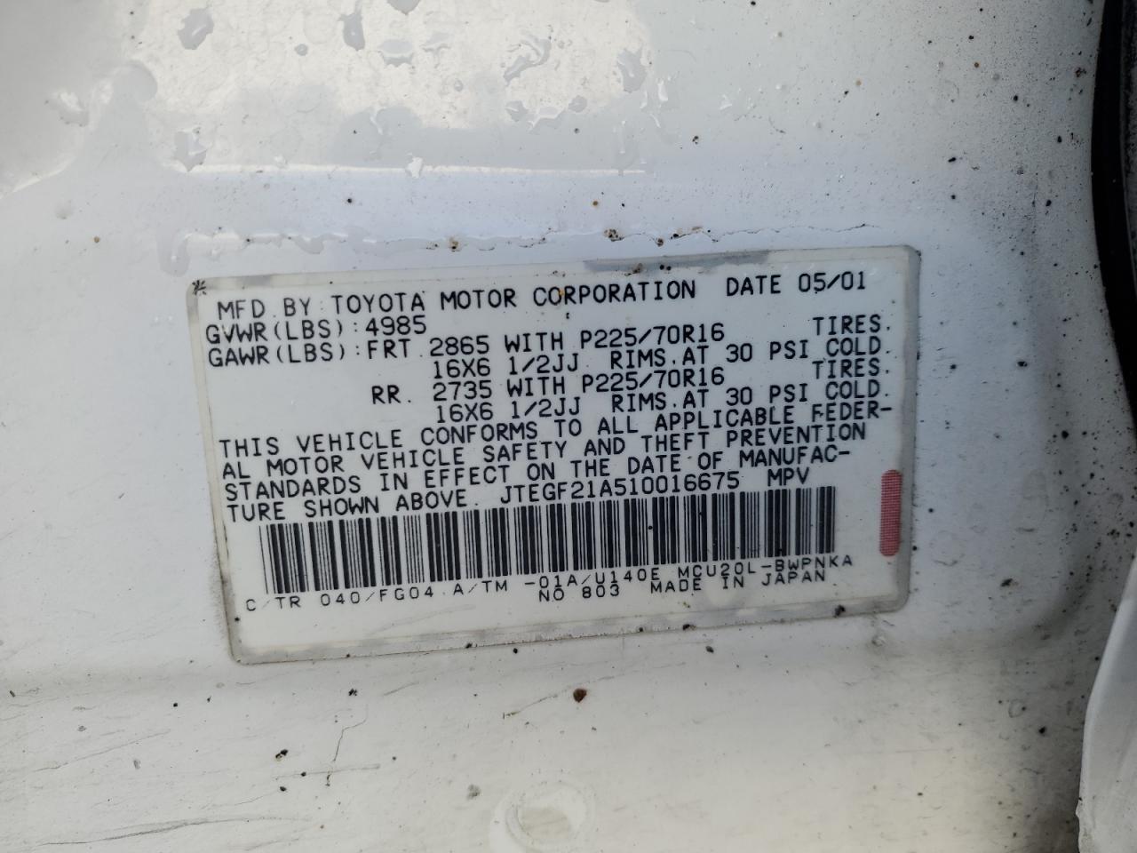 2001 Toyota Highlander VIN JTEGF21A510016675 Copart auction photo, side / front end damage thumbnail 16