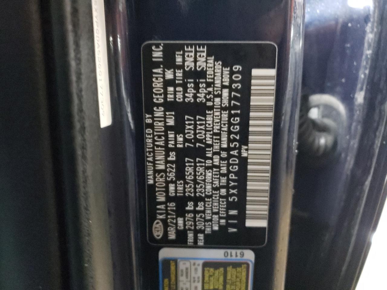 2016 KIA Sorento VIN 5XYPGDA52GG177309 Copart auction photo, front end / rear end damage thumbnail 13